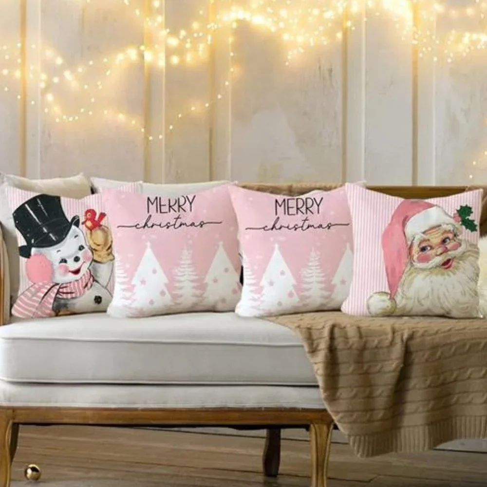 Christmas Pillow Covers Pink Santa Decoration Set Of 4 Accent Holiday Xmas Decor
